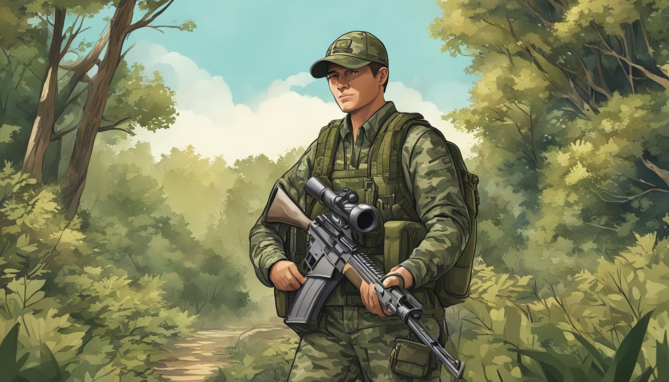 A hunter in a camouflage outfit holding a rifle, surrounded by trees and bushes, with a "No Hunting" sign posted nearby