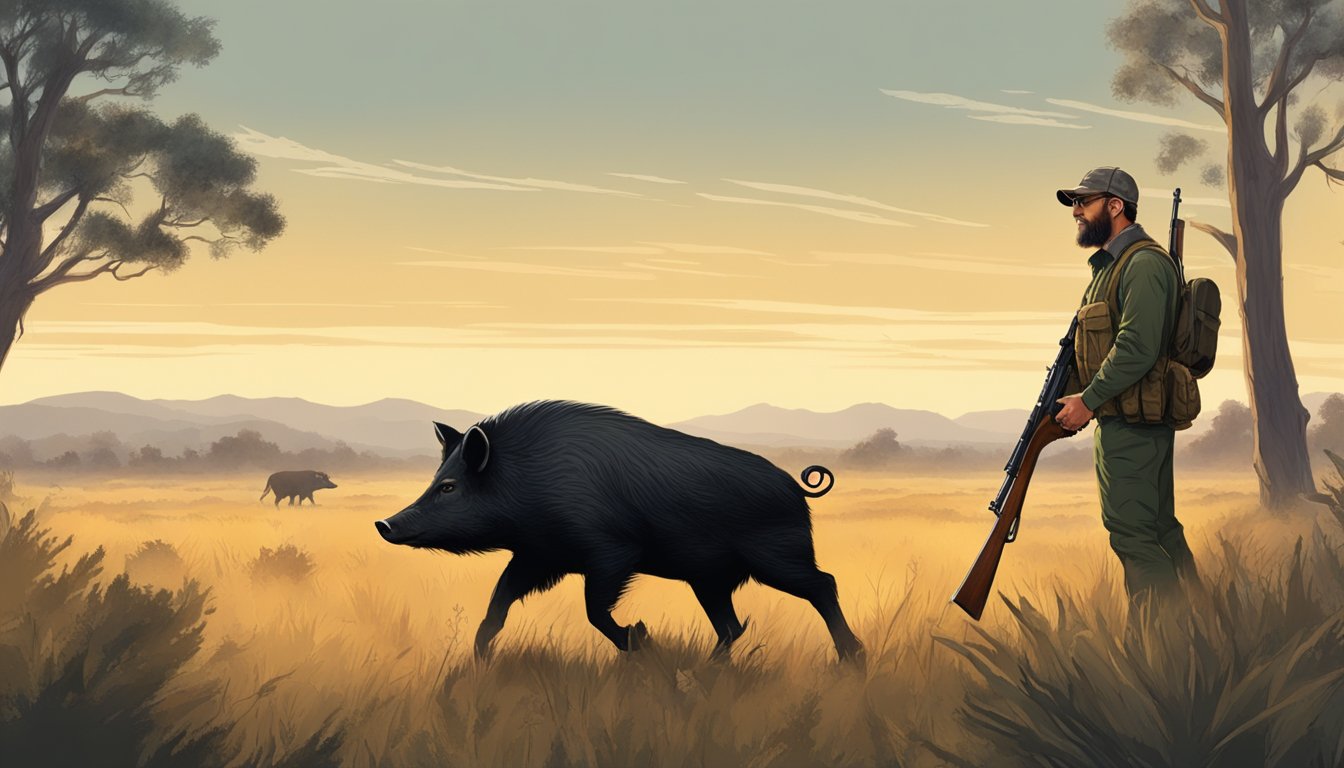 A hunter stands in a California field, rifle in hand, surrounded by trees and brush, with a wild hog in the distance