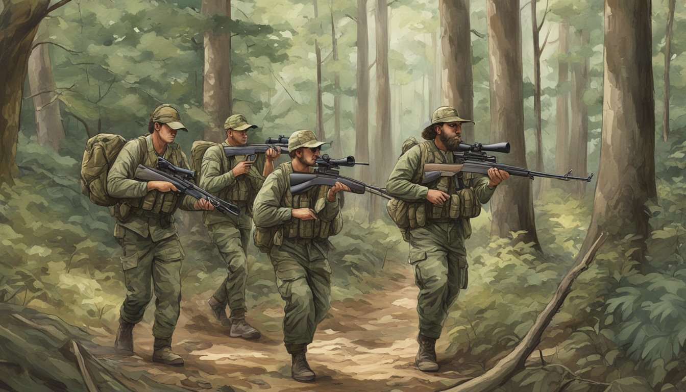 A group of hunters in camouflage gear navigating through the dense Arkansas forest, carrying rifles and tracking equipment