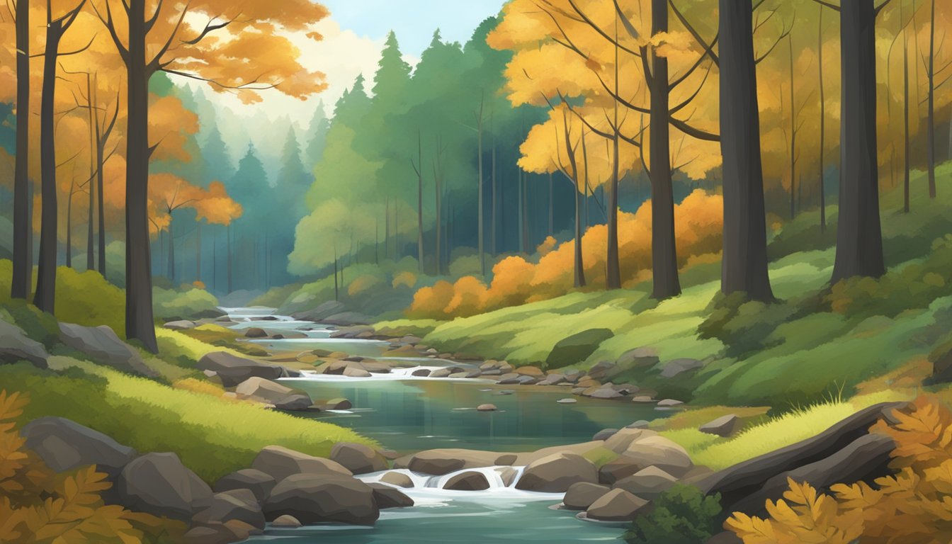 A dense forest with tall trees, fallen leaves, and a small clearing, surrounded by rolling hills and a serene stream