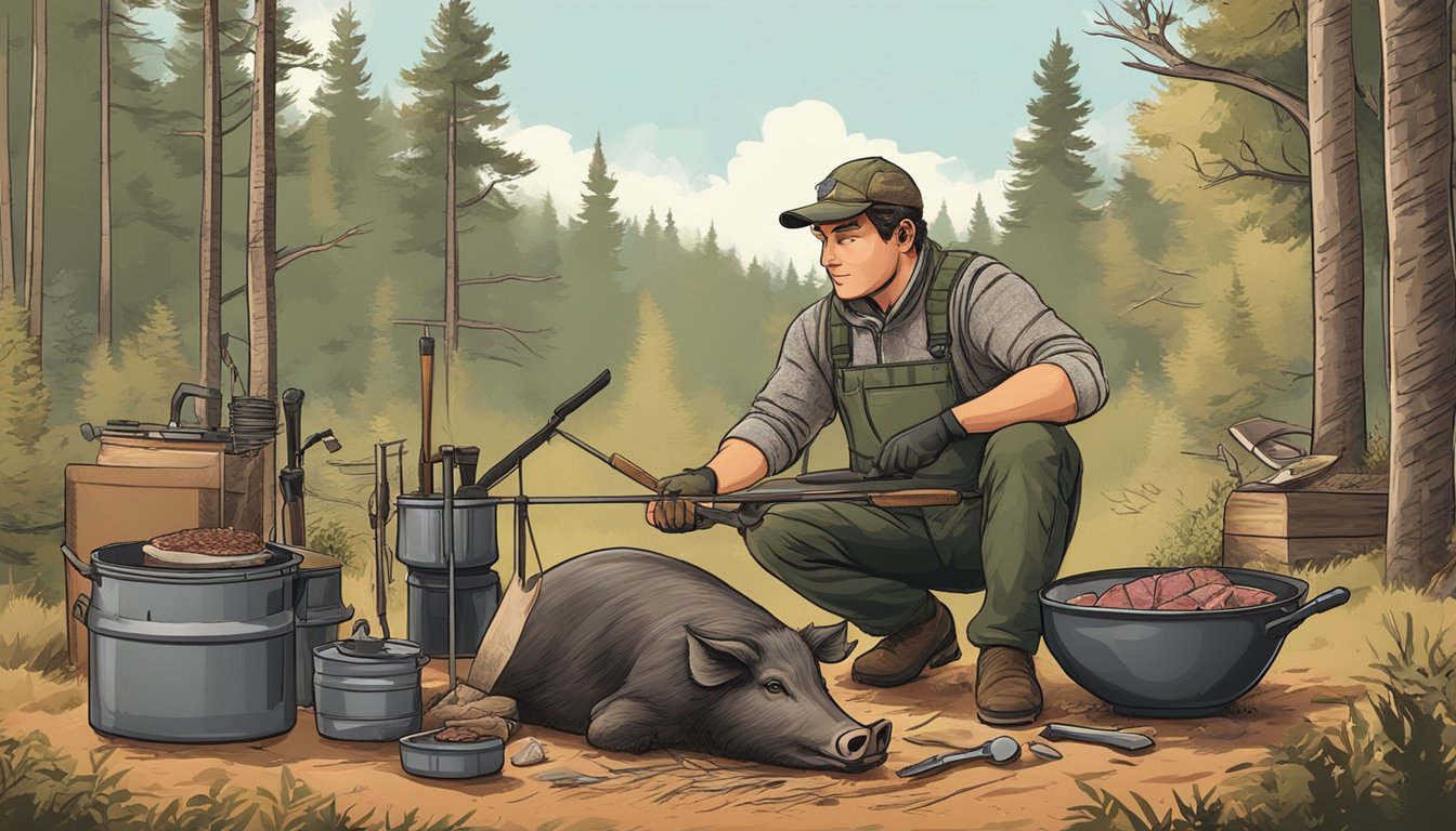 A hunter processing a wild hog in an outdoor setting, surrounded by hunting equipment and preparing to cook the meat