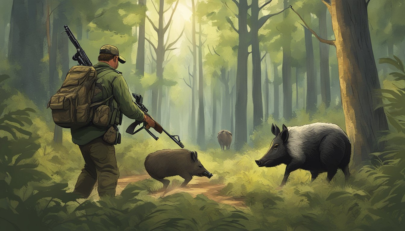 A hunter with a rifle tracking a wild hog through a dense forest in Delaware