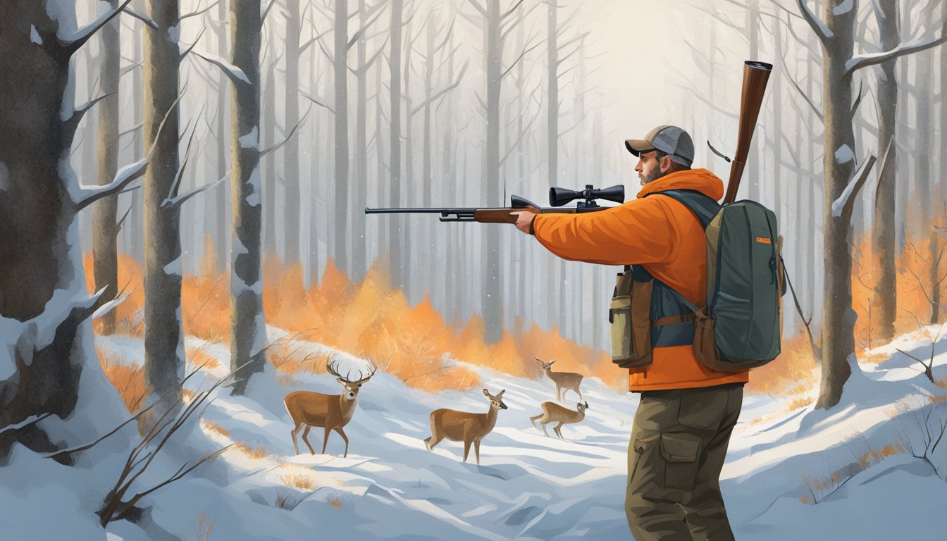 A hunter in orange vest aims rifle at a deer in snowy Vermont forest