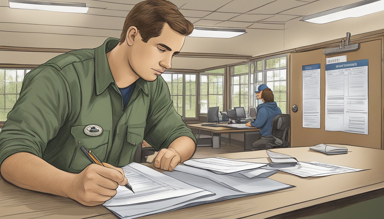 A hunter filling out a hunting license application at a Delaware state wildlife office