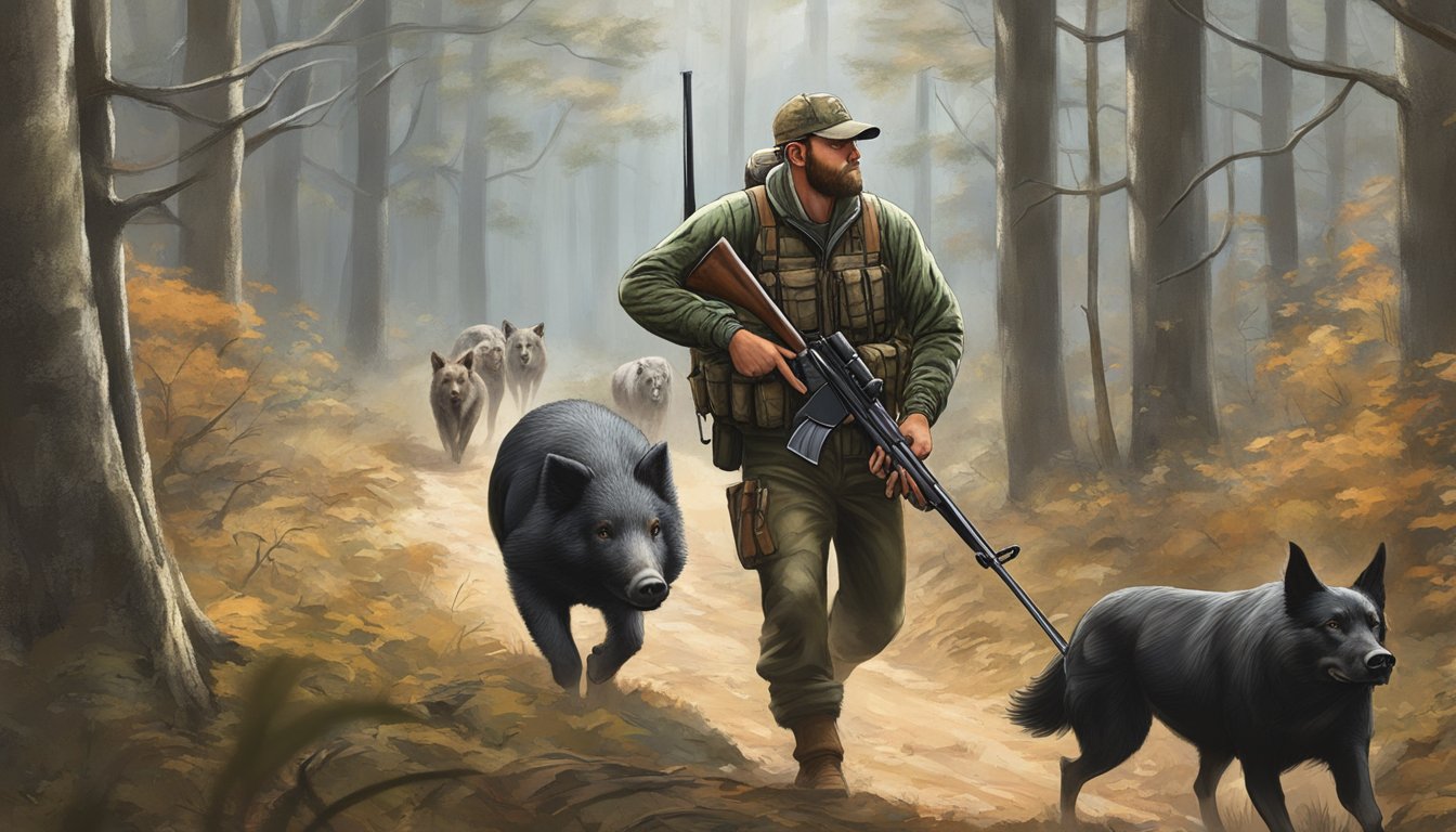 A hunter tracking a wild hog through dense Delaware forest, armed with a rifle and accompanied by hunting dogs