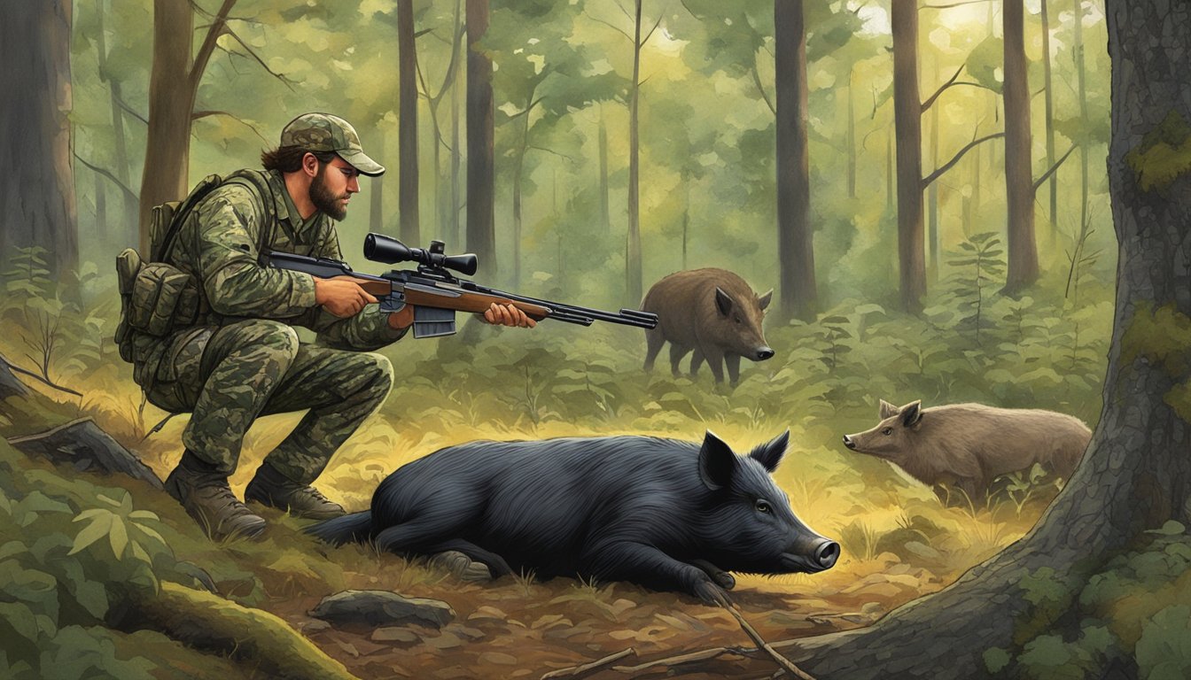 A hunter in camouflage aims a rifle at a wild hog in a dense forest clearing in Connecticut