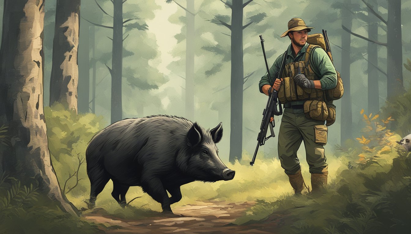 A hunter with a rifle tracking a wild hog in a forest clearing