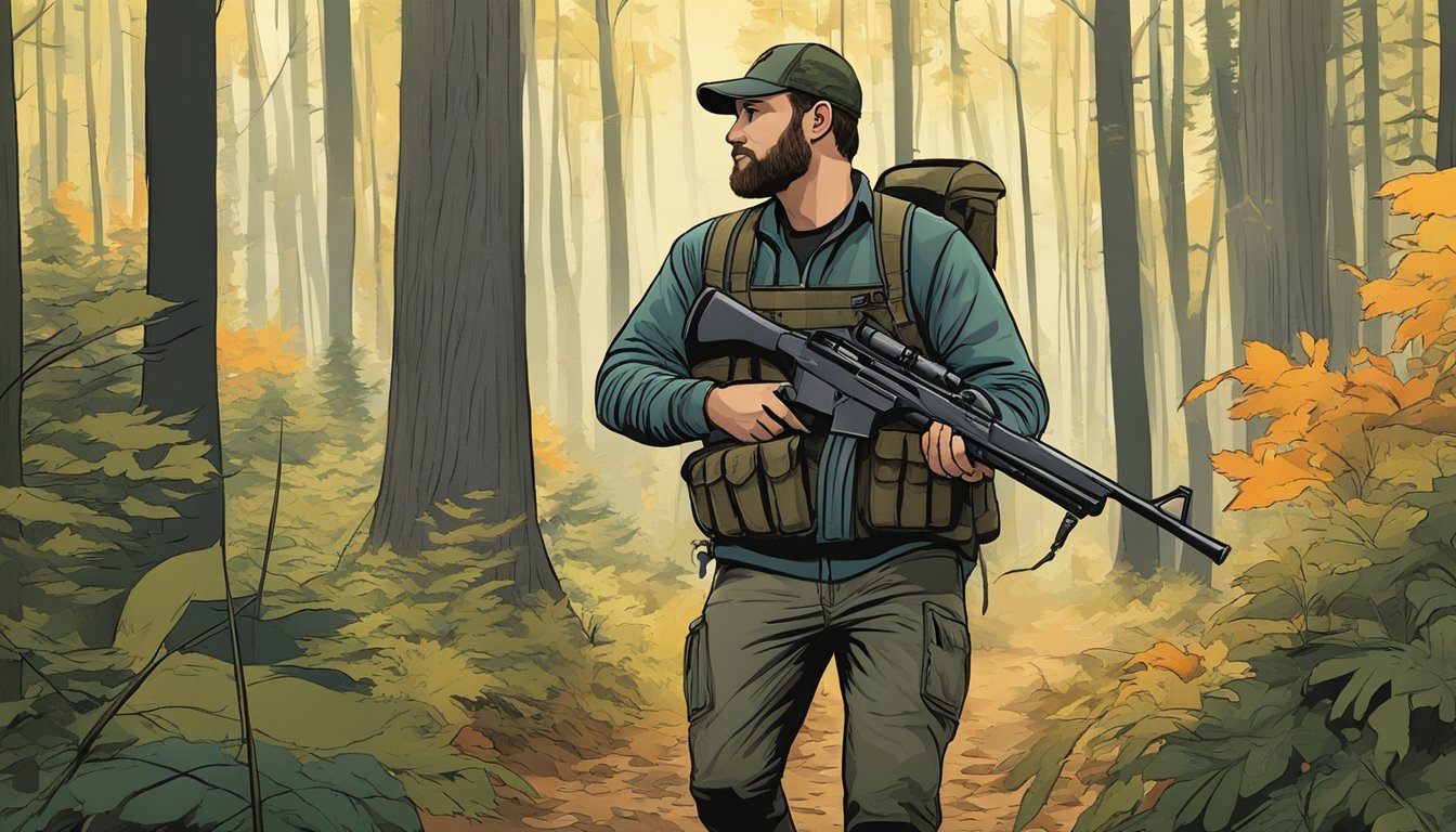 A hunter walks through a dense forest in Connecticut, rifle in hand, searching for wild hogs in a state park designated for hog hunting