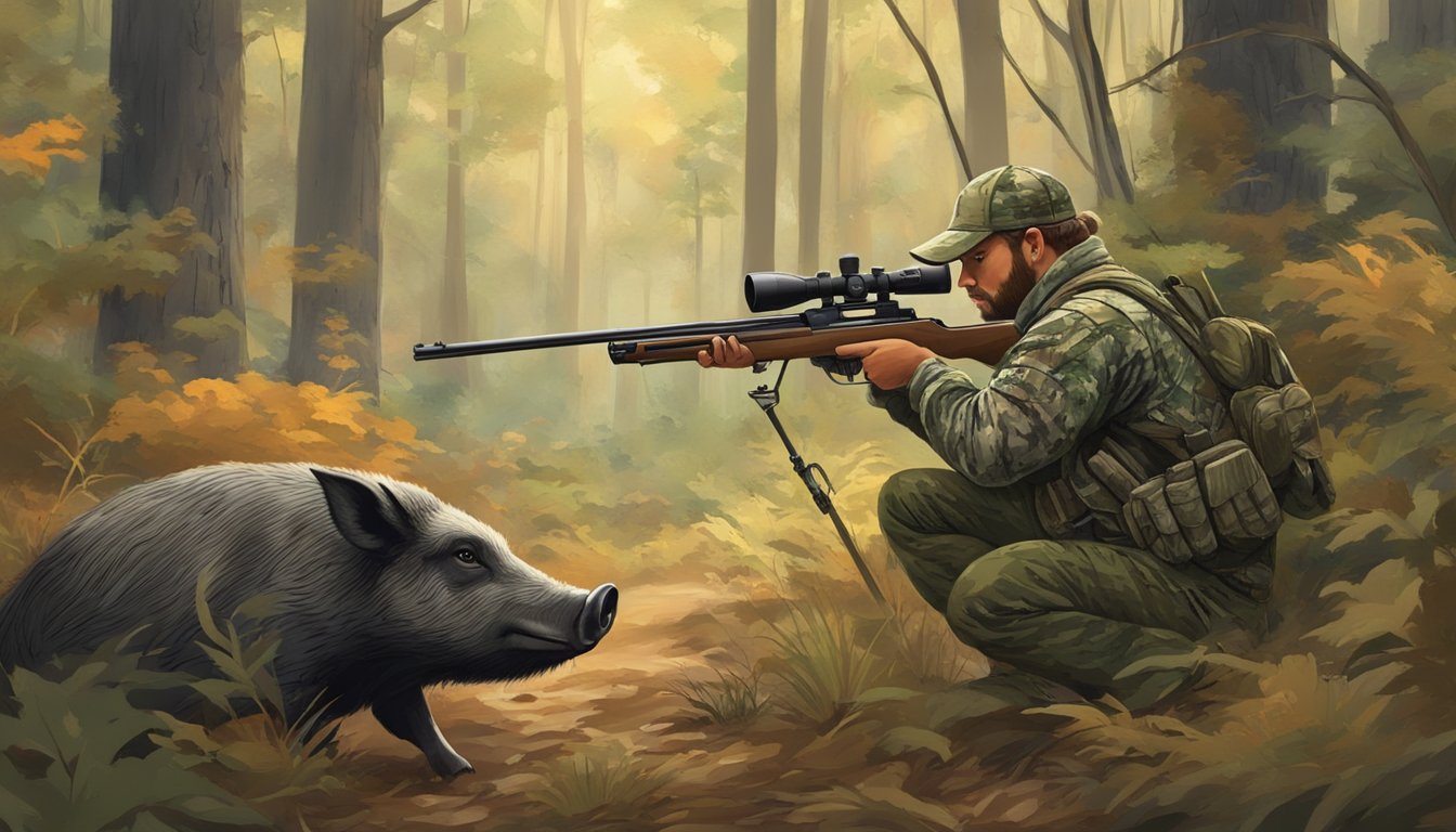 A hunter in camouflage aiming a rifle at a wild hog in the dense Delaware forest