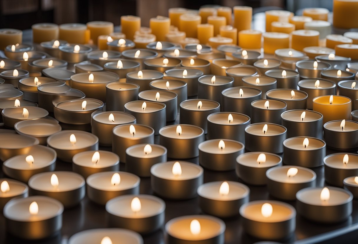 Various types of candle molds displayed on a table, including silicone, metal, and plastic molds. Different types of wax, such as paraffin and soy, are also shown