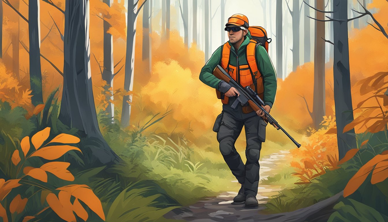 A hunter navigating through a wooded area, carrying a rifle and wearing bright orange safety gear. The surrounding environment is lush and vibrant with wildlife