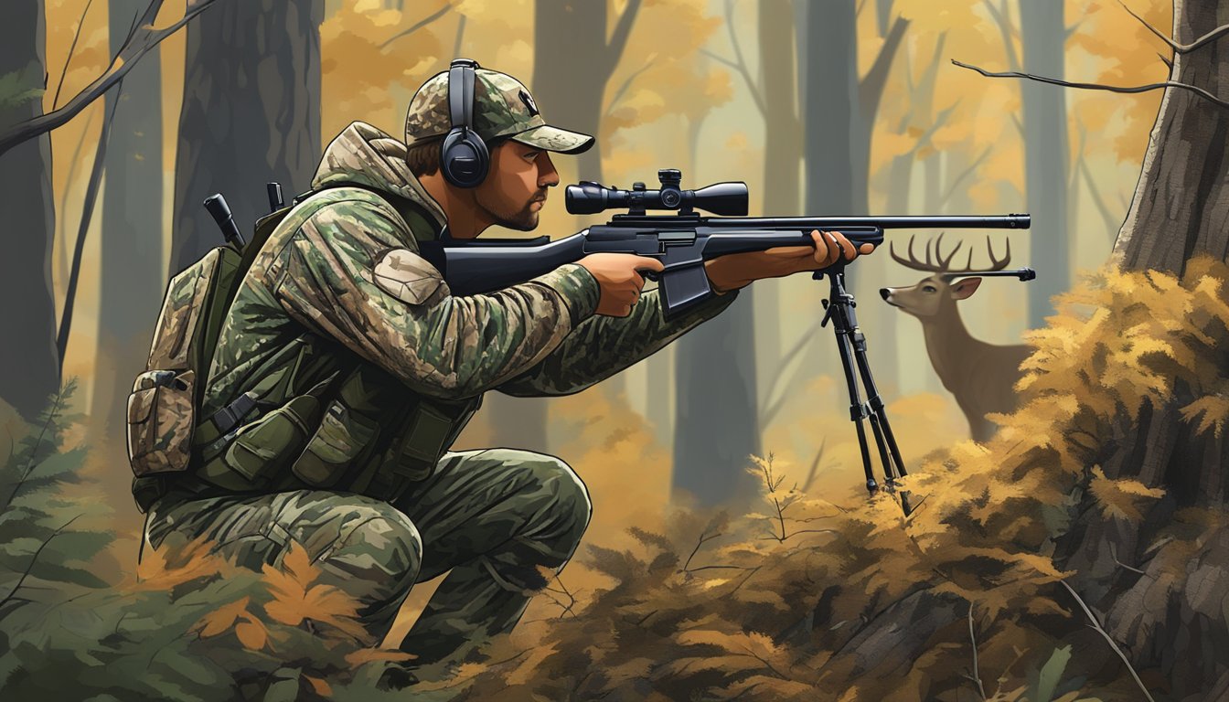 A hunter in camouflage aiming a rifle at a deer in a dense forest in West Virginia