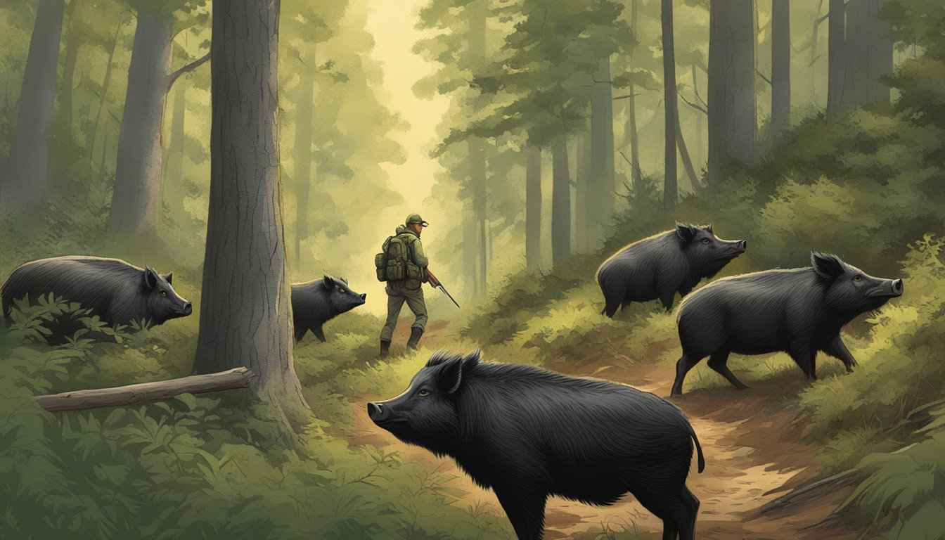 A hunter quietly waits in the dense Connecticut forest, rifle at the ready, as a group of wild hogs forage through the underbrush