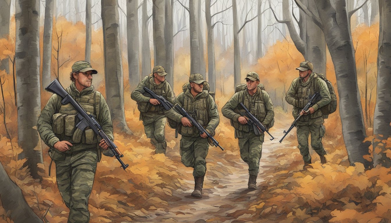 A group of hunters in camouflage gear and carrying rifles trek through the dense forest of Connecticut, tracking wild hogs