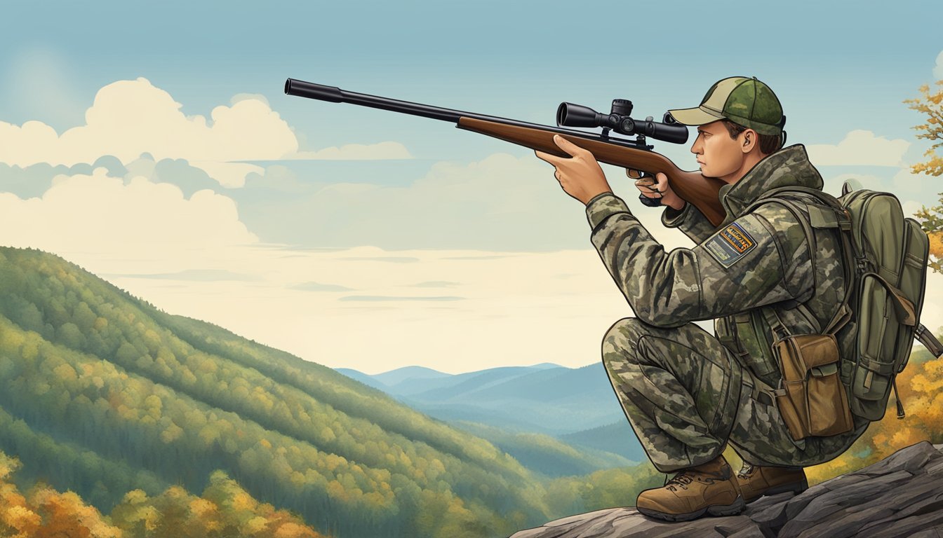 A hunter in camouflage gear overlooking a forested valley in the West Virginia mountains, with a rifle and binoculars at the ready