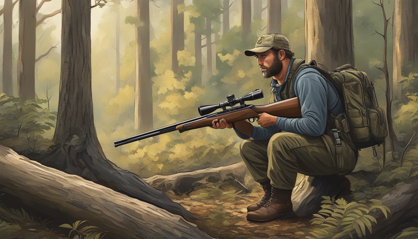 A hunter loading their rifle before heading into the dense Georgia forest for a hog hunt