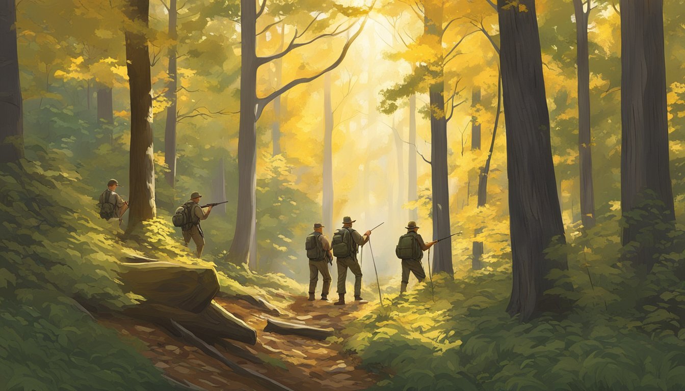 A group of experienced hunters navigate through the dense forest of West Virginia, carefully scanning the landscape for signs of deer. The golden sunlight filters through the trees, casting dappled shadows on the forest floor