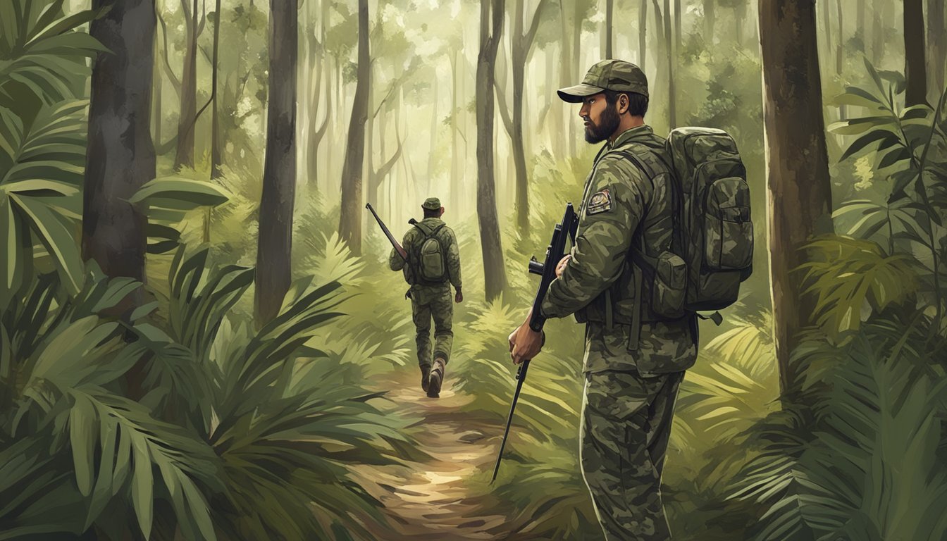 A hunter in a camouflage outfit navigating through a dense Florida forest, with signs indicating hunting regulations and legal considerations posted on trees