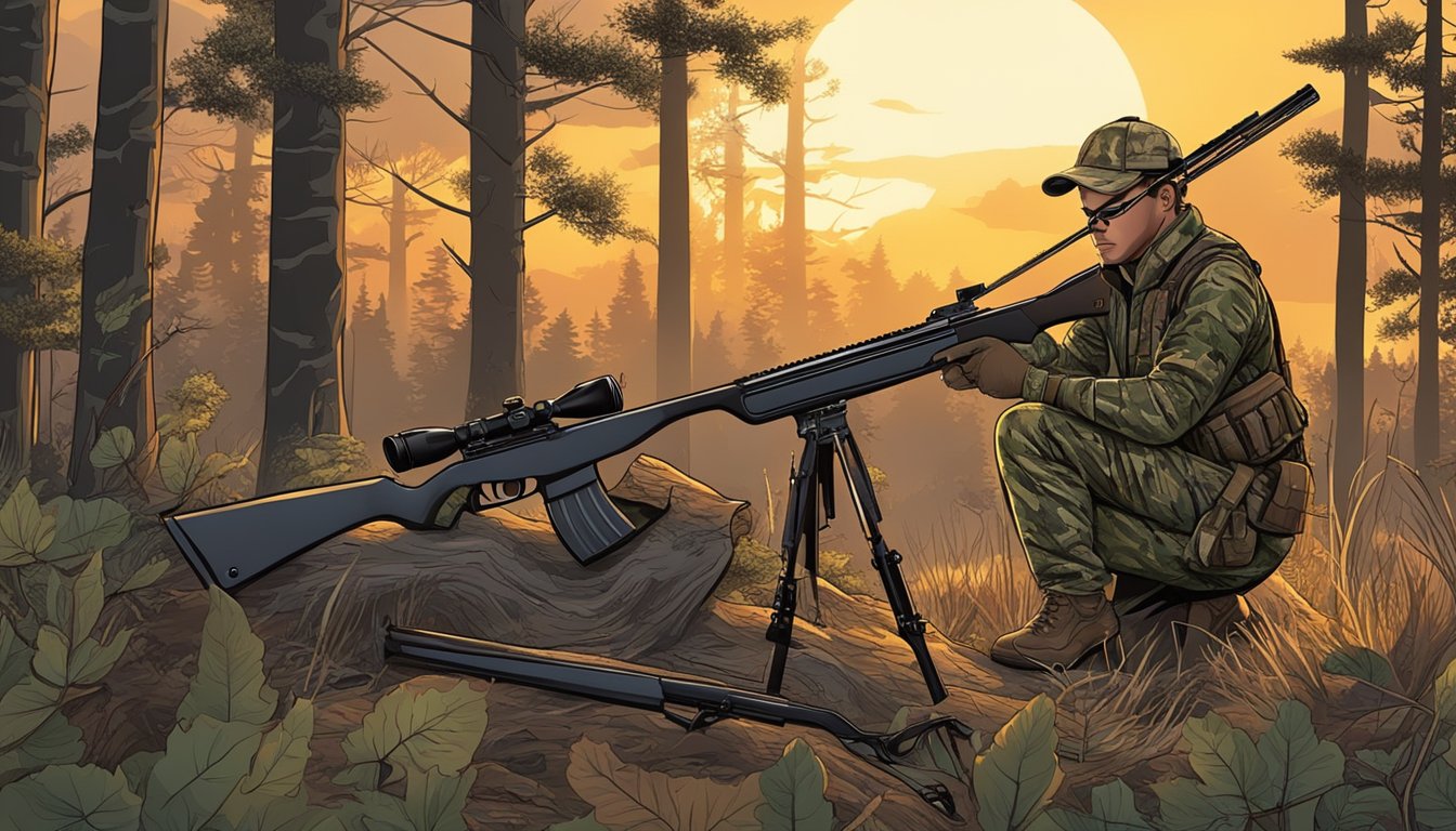 A hunter loads a rifle in a wooded area, surrounded by hunting gear and camouflage. The sun sets in the background