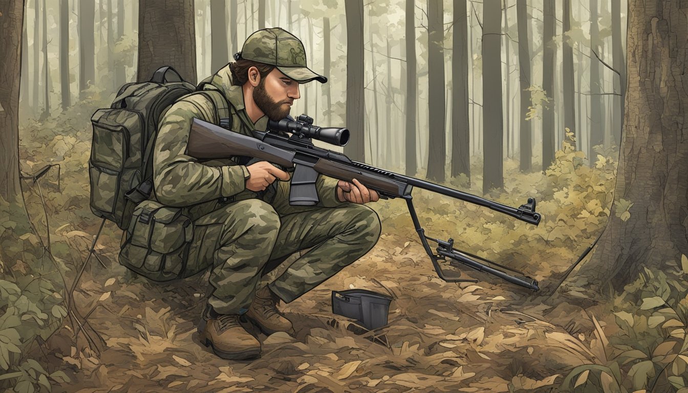 A hunter in camouflage gear crouches in the Alabama woods, holding a rifle and scanning the area for wild hogs. Surrounding him are hunting tools and gear scattered on the ground