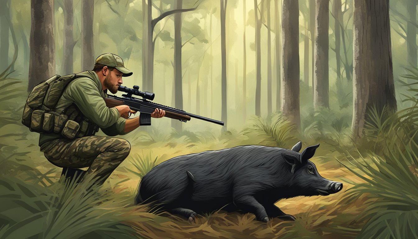 A hunter in camouflage aiming a rifle at a wild hog in a Florida forest clearing