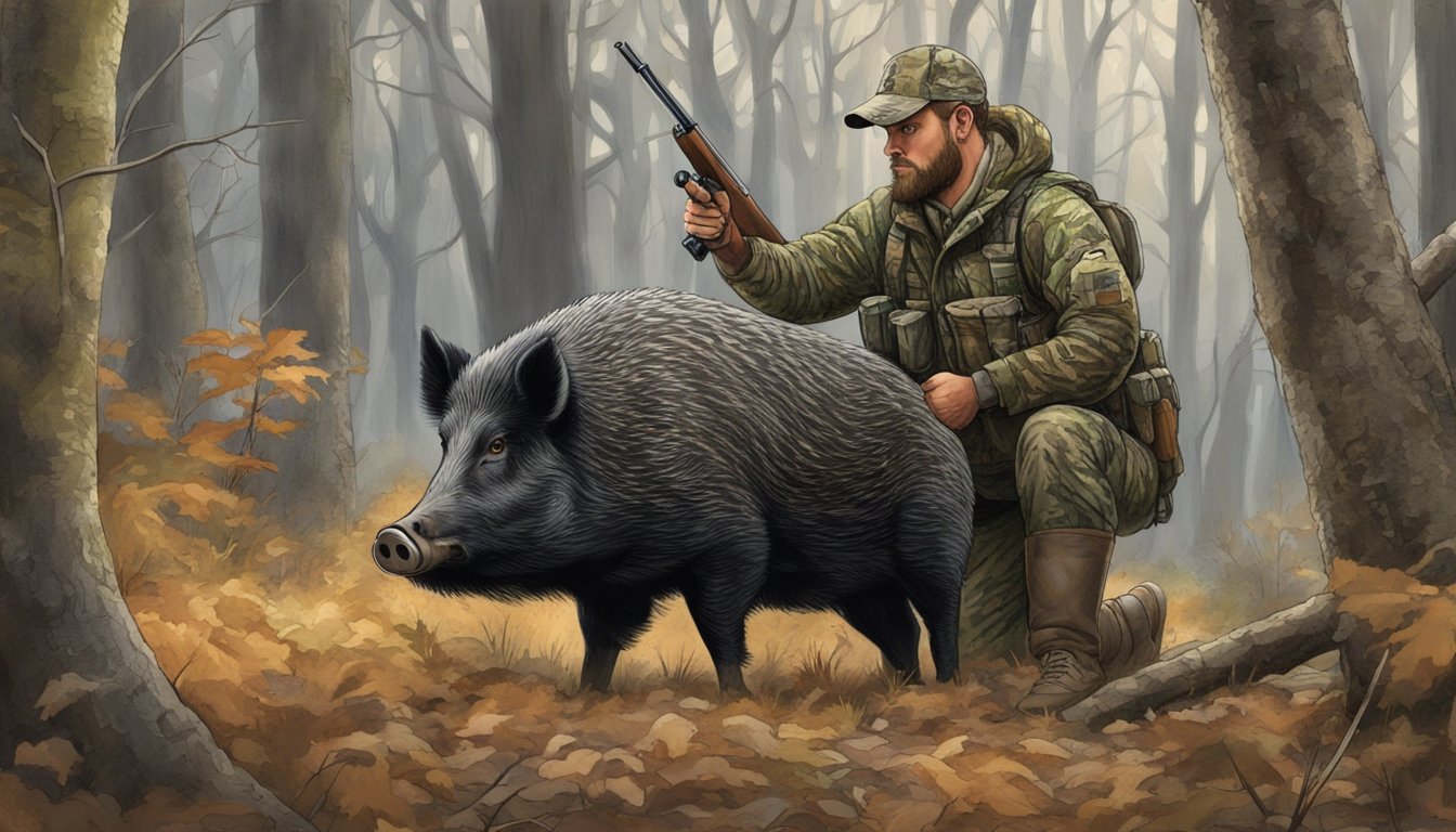 A hunter in camouflage aiming at a wild hog in the Illinois woods