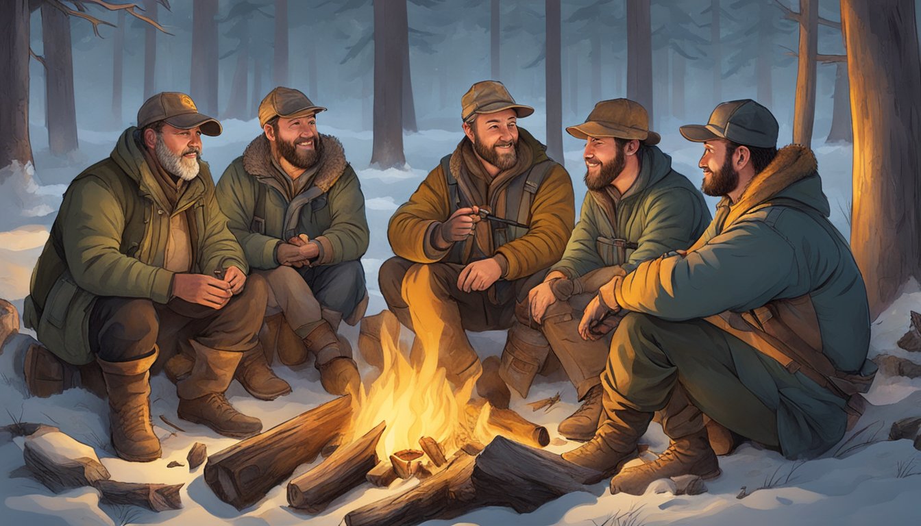 A group of hunters gather around a campfire, roasting freshly caught wild boar while sharing stories and laughter