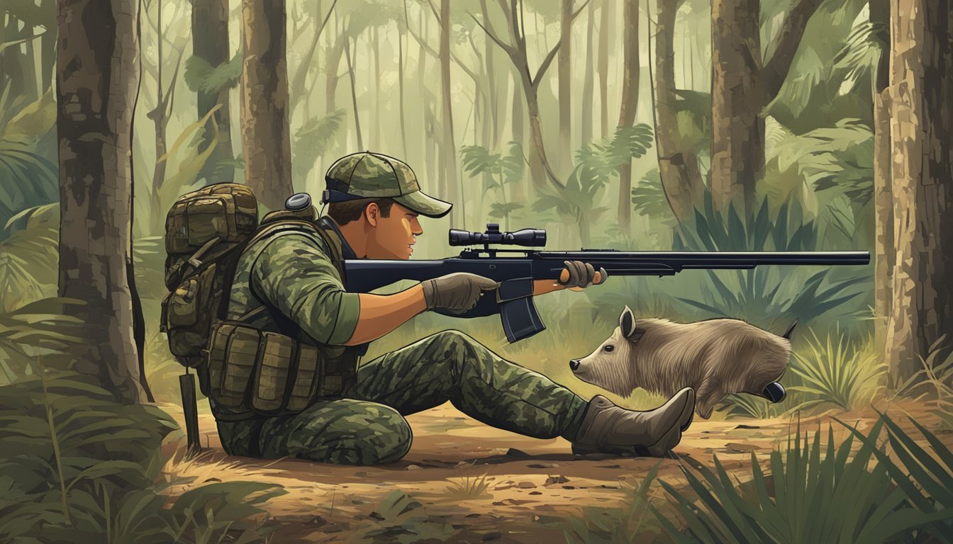 A hunter in camouflage aiming at a wild hog in a Florida forest, with signs of conservation efforts in the background