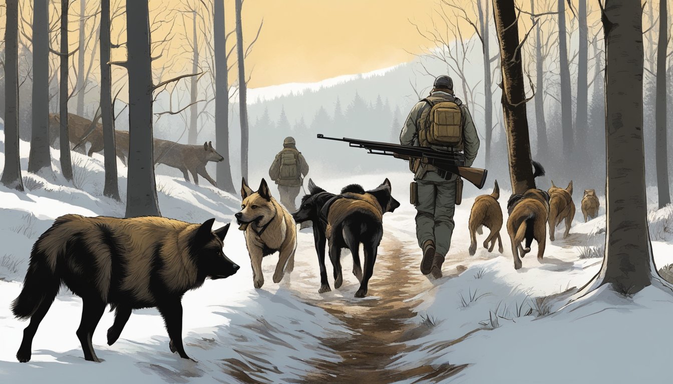 A hunter tracking wild hogs through dense Illinois forest, armed with a rifle and accompanied by a pack of trained hunting dogs