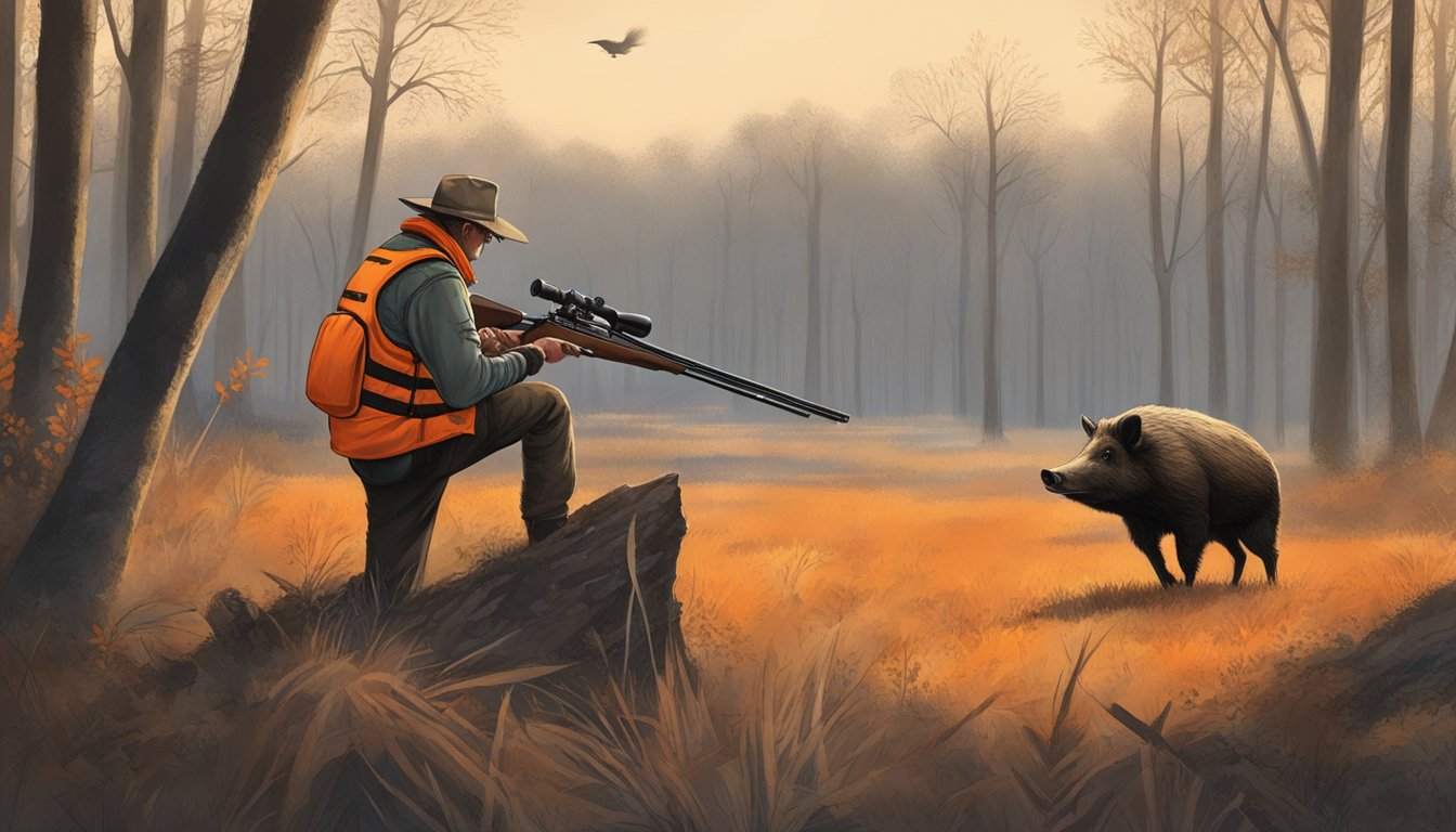 A hunter in orange vest and hat aiming at a wild hog in a wooded area of Illinois