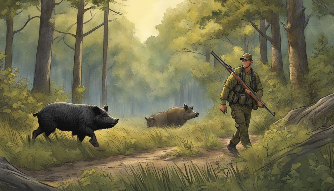 A hunter tracking a wild hog in the Illinois wilderness, surrounded by dense vegetation and wildlife