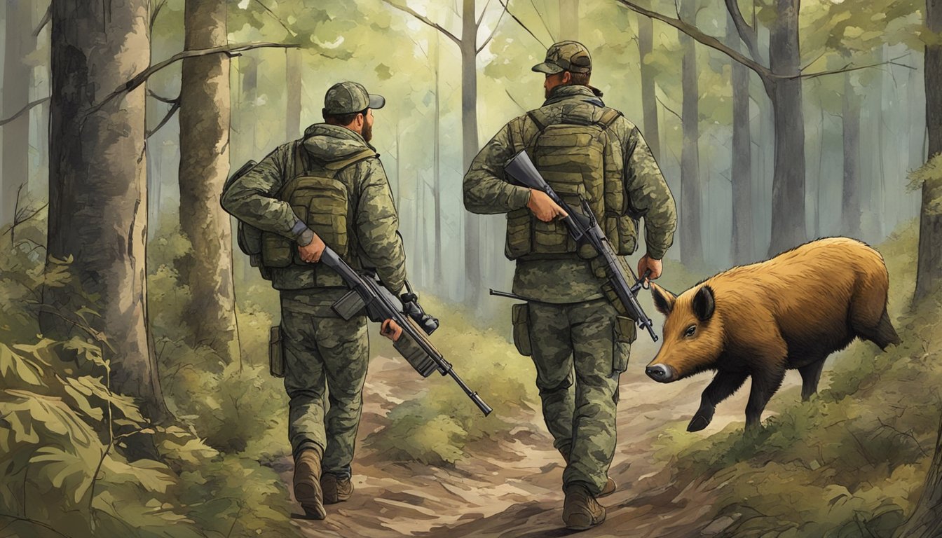 A hunter in camouflage with a rifle tracking wild hogs in the dense Illinois forest