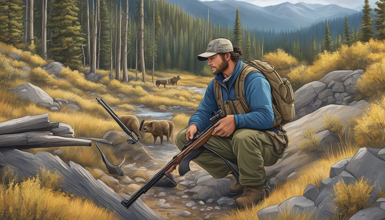 A hunter loading a rifle and gathering supplies in the Idaho wilderness for hog hunting