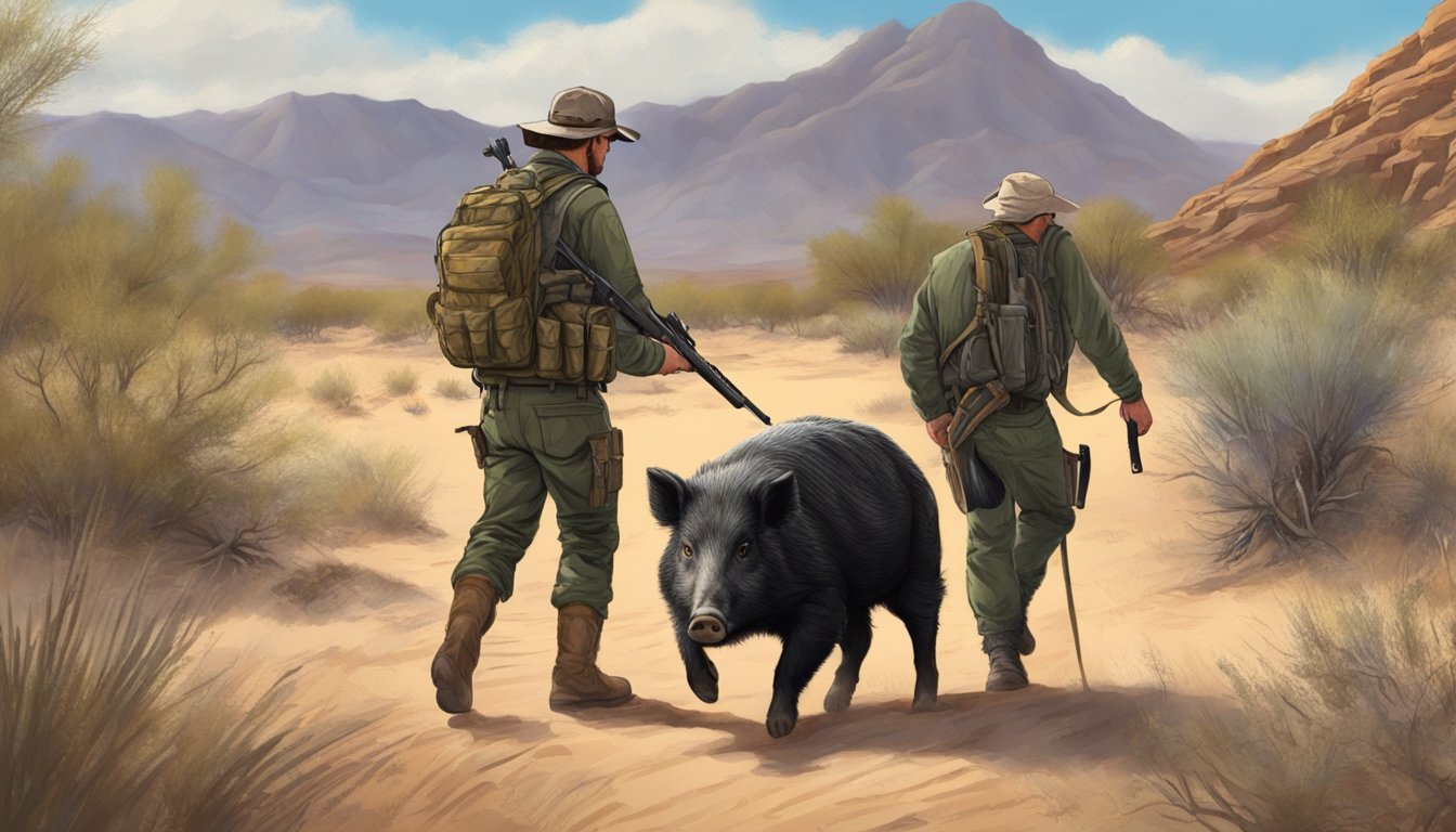 A hunter in Arizona tracking a wild hog in the desert with a rifle and hunting gear