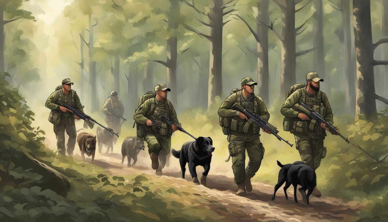 A group of hunters in camouflage gear tracking wild hogs through a dense forest in Illinois, carrying rifles and using tracking dogs