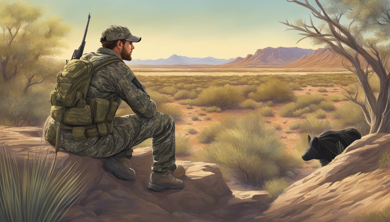 A hunter in camouflage waits in a desert brush, watching a watering hole for wild hogs in the Arizona sun