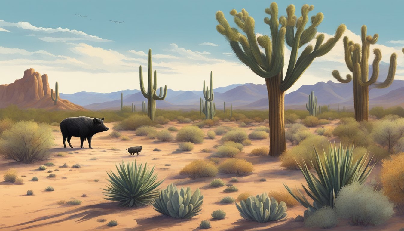 A lone hunter waits in the rugged Arizona desert, surrounded by cacti and mesquite trees. In the distance, a group of wild hogs roam freely, offering hunting opportunities