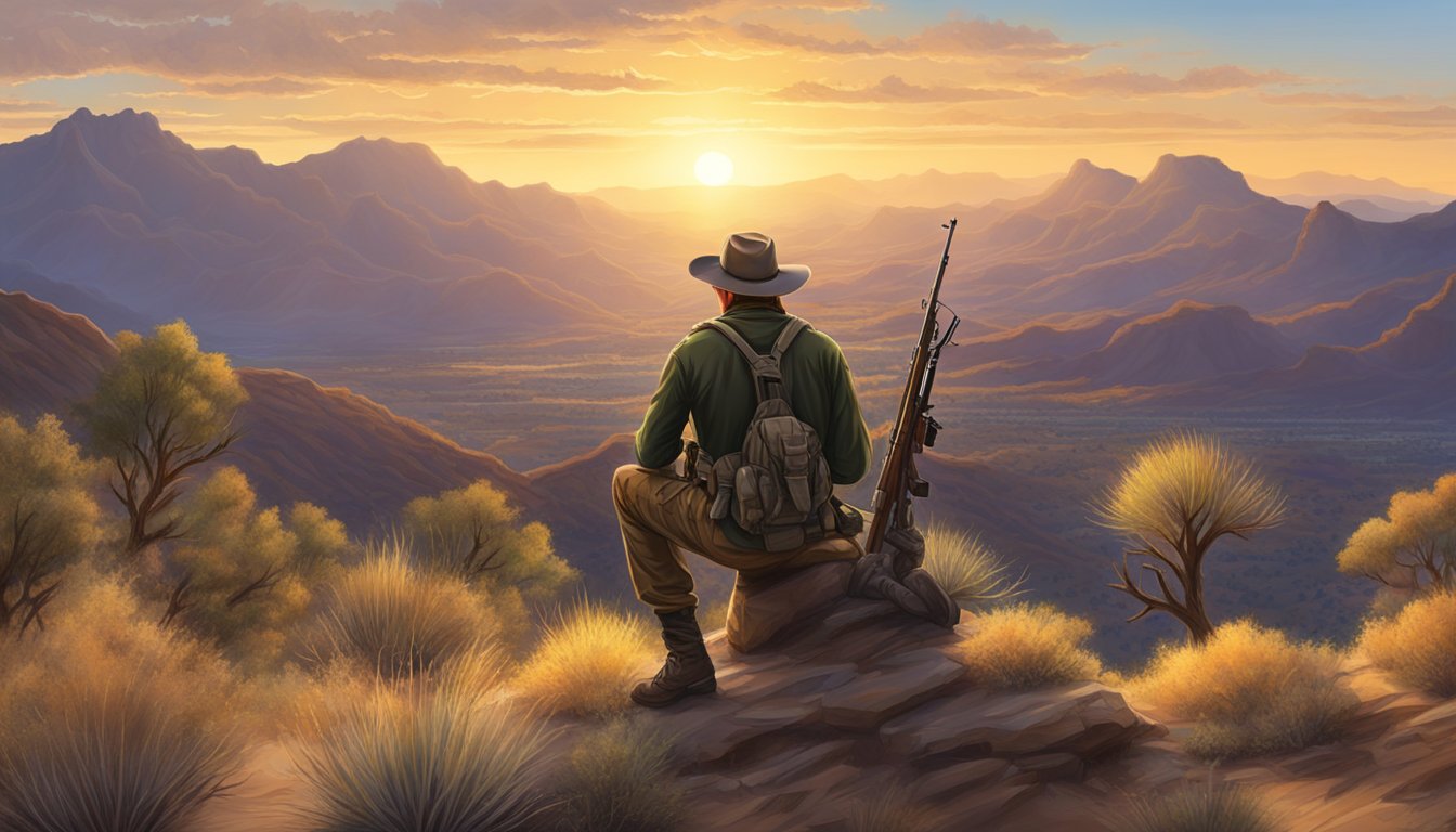 A hunter patiently waits in the desert brush, rifle at the ready, as the sun sets behind the rugged mountains of Arizona