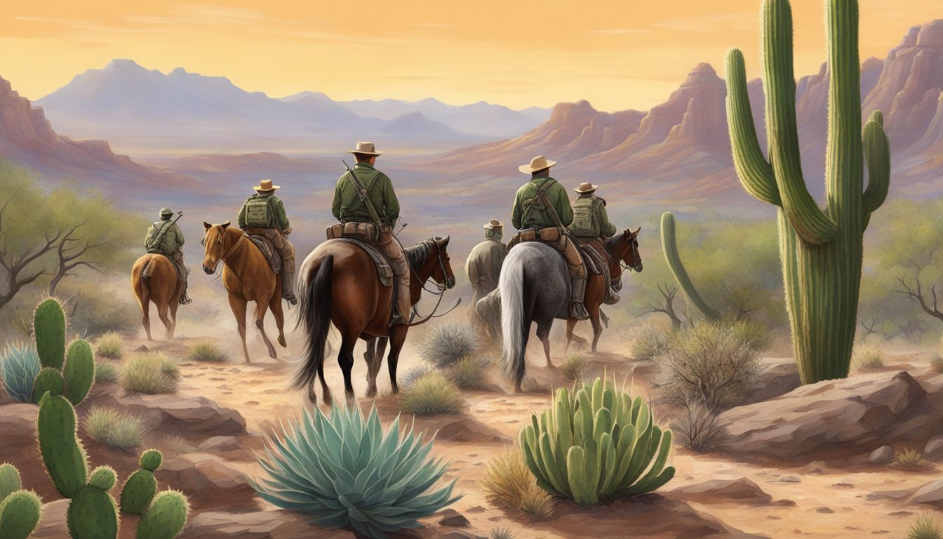 A group of hunters tracking hogs in the Arizona desert, with cacti and rocky terrain in the background