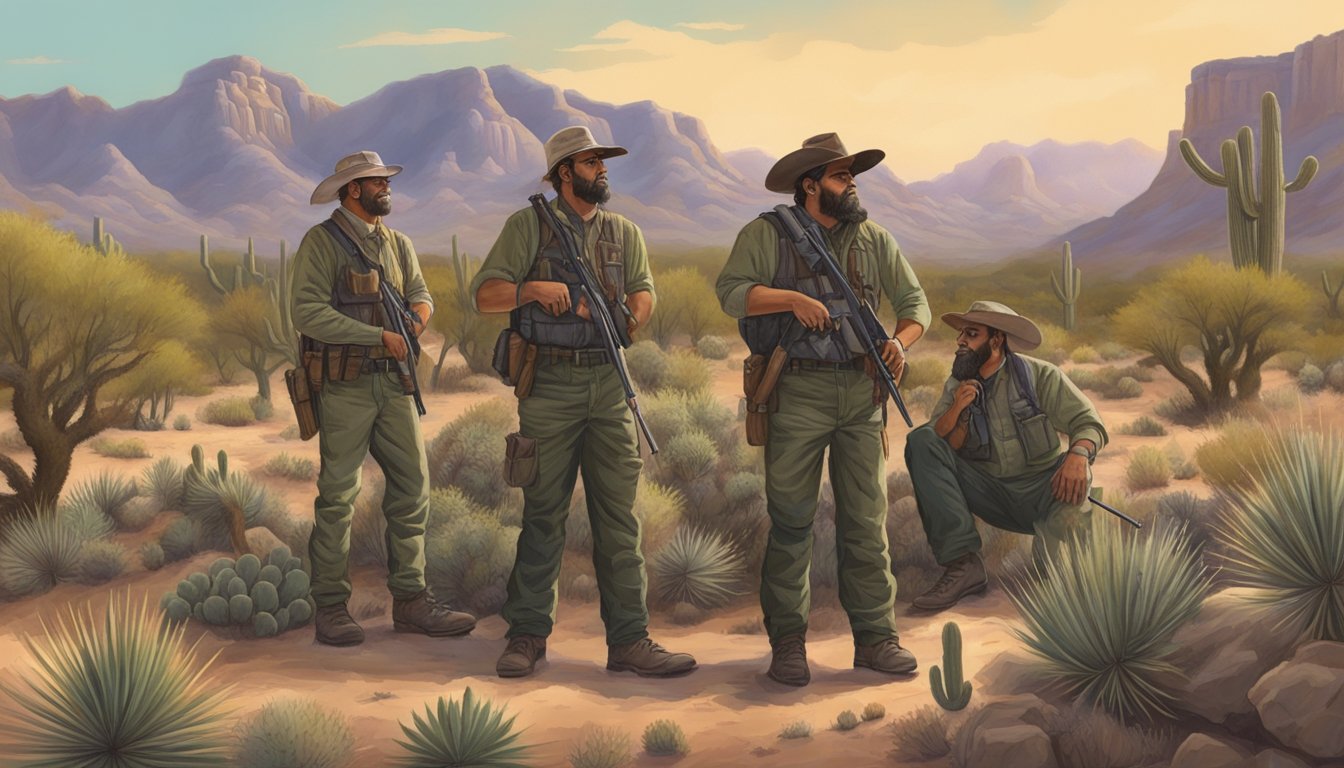 A group of hunters gather in the Arizona desert, surrounded by cacti and mesquite trees. They are preparing for upcoming hog hunting events, discussing strategies and safety precautions