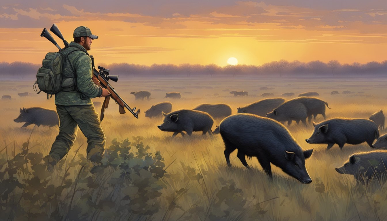 A hunter in camouflage aims a rifle at a group of wild hogs in the Kansas prairie at dusk