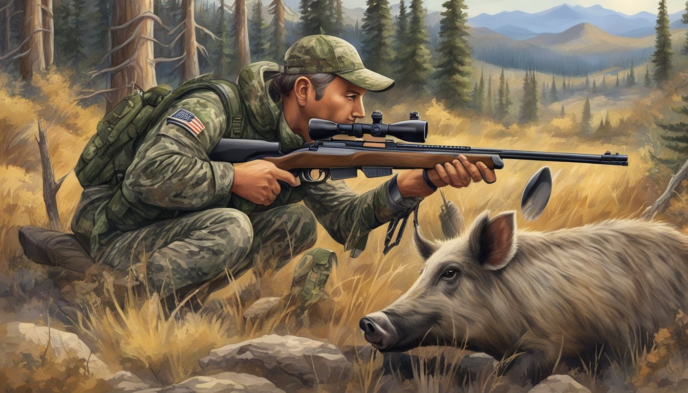 A hunter in camouflage aiming a rifle at a wild hog in the Idaho wilderness