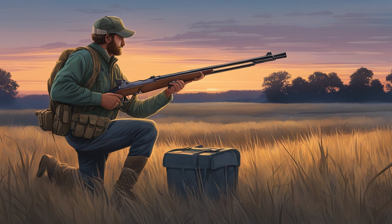 A hunter loads a rifle and packs supplies in a rural Kansas field at dusk