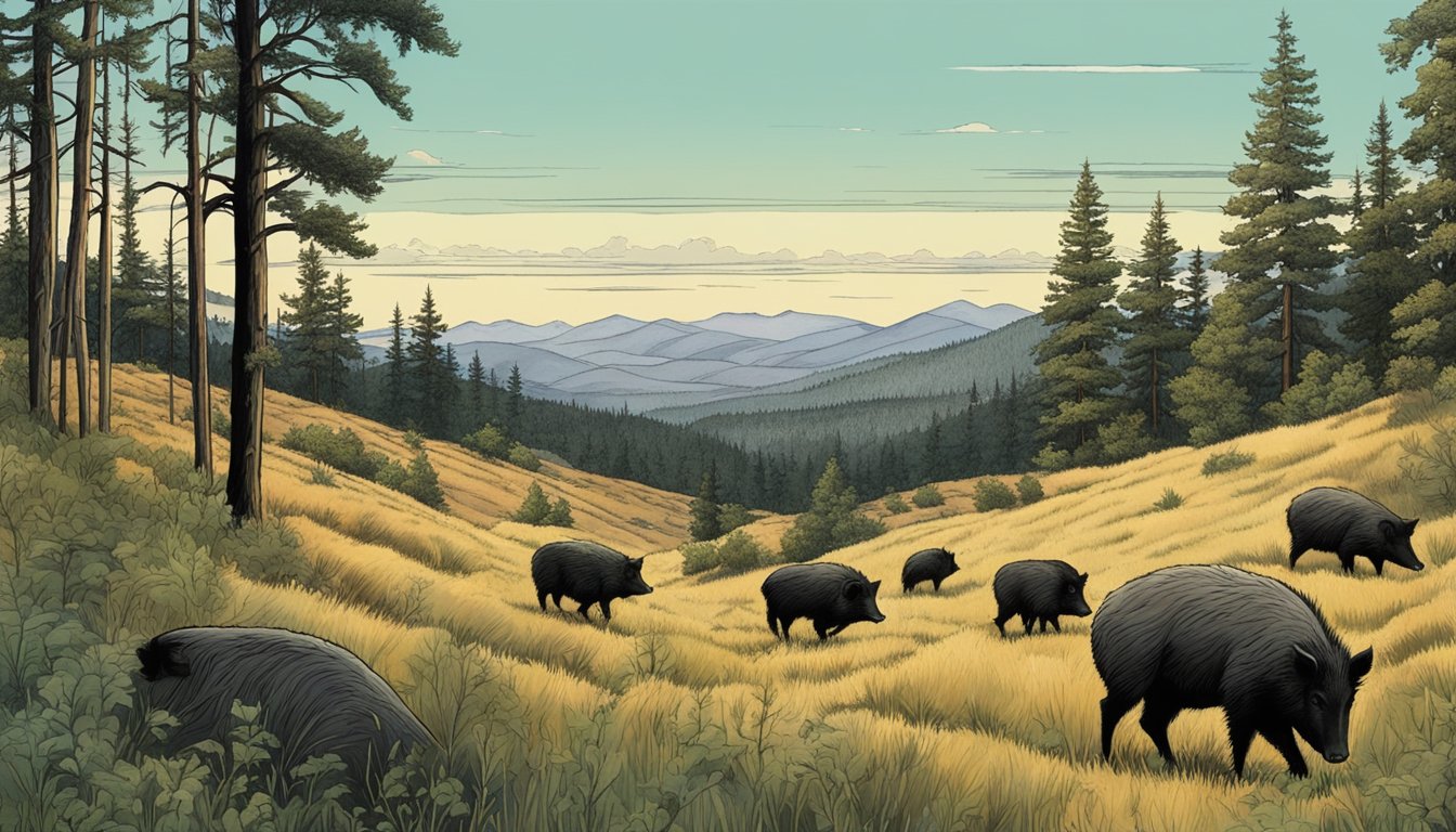 A dense forest in Idaho with rolling hills, scattered trees, and patches of brush, where wild hogs roam freely