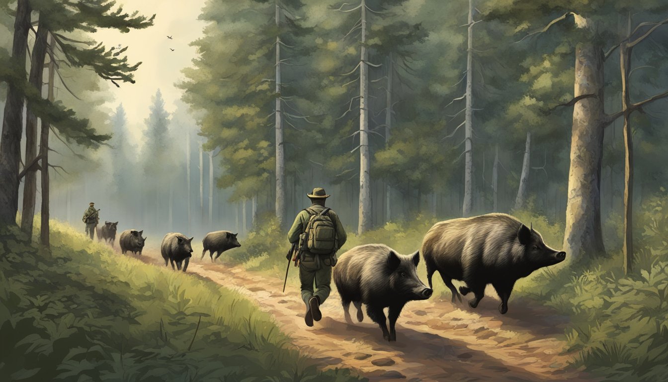 A hunter stealthily tracks through dense forest, rifle in hand, while a pack of hogs forages ahead