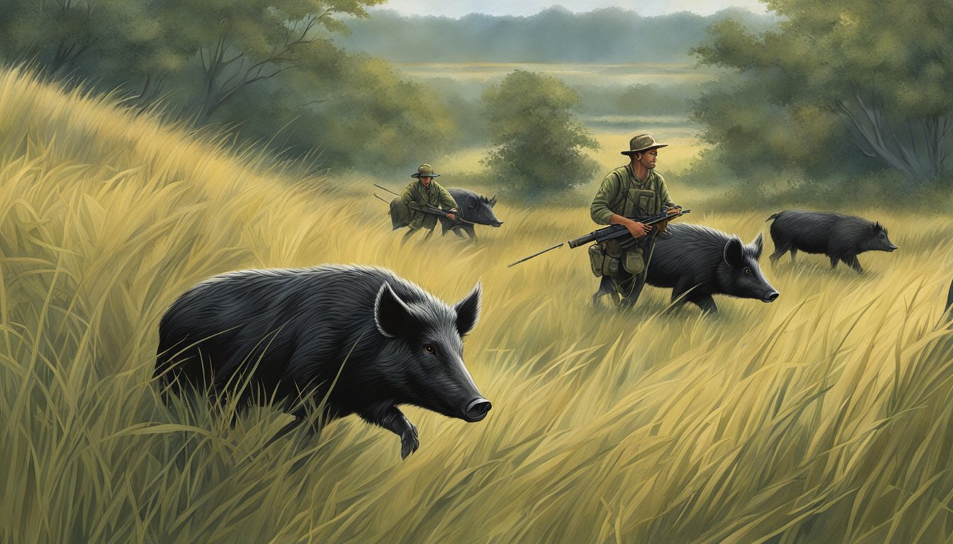 A hunter stalking through tall grass, rifle at the ready, as a group of wild hogs forage in the distance