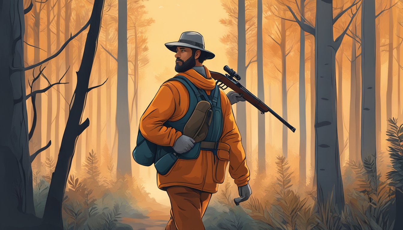 A hunter in orange vest and hat, carrying a rifle, walks through the forest at dawn. Wildlife and trees surround them