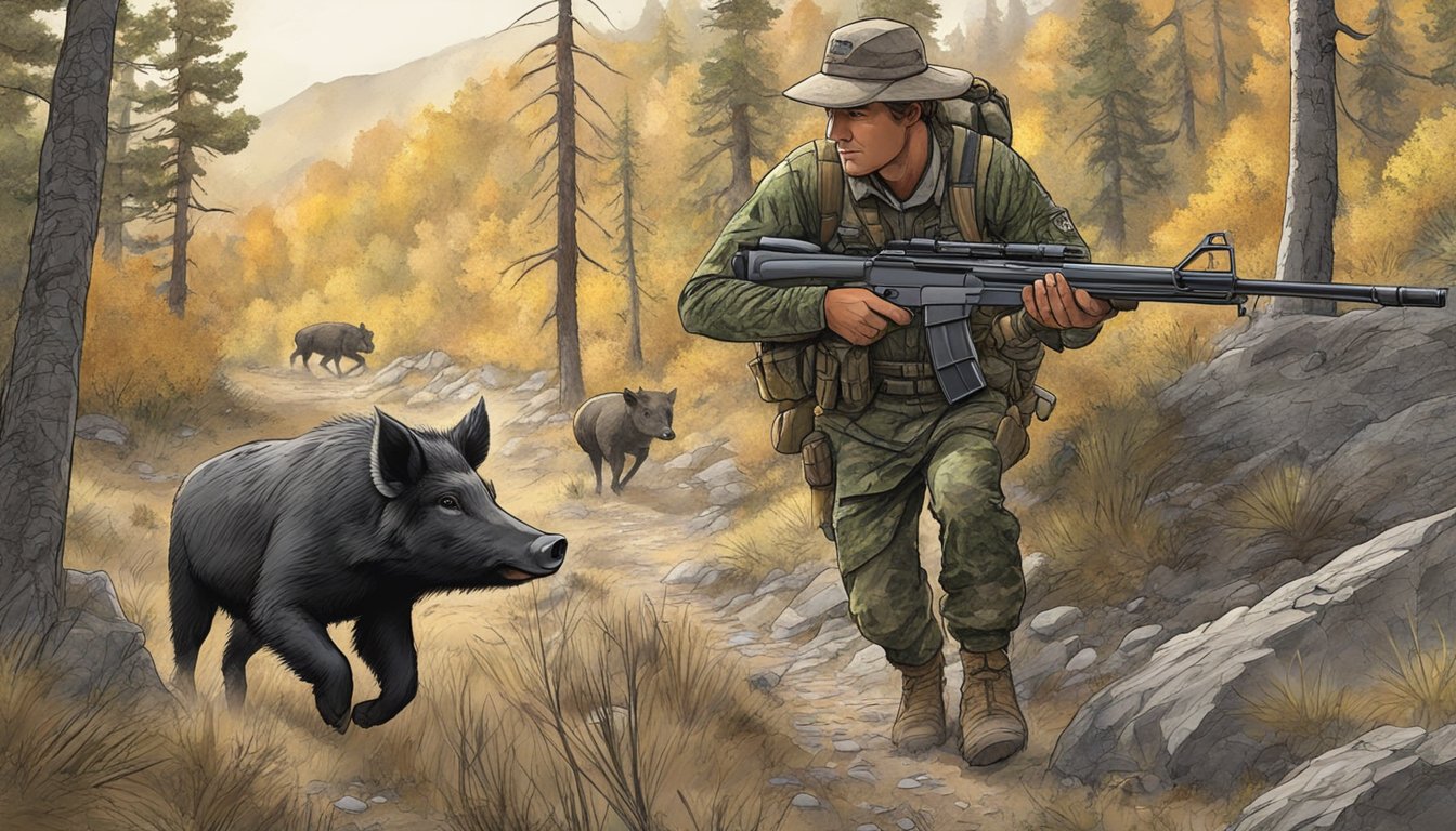 A hunter with a rifle tracking a wild hog through the rugged terrain of the Idaho wilderness