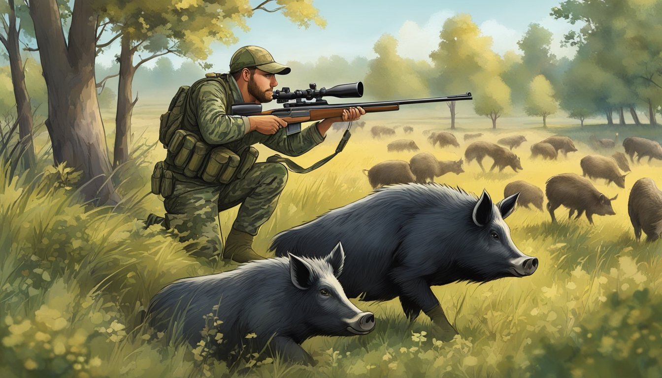 A hunter in camouflage gear crouches behind a bush, aiming a rifle at a group of wild hogs grazing in a meadow