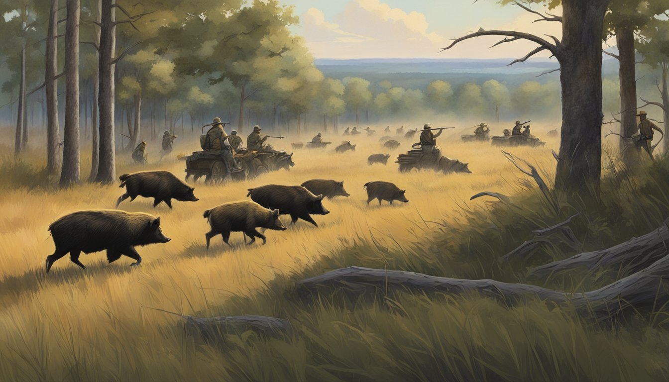 A group of hunters tracking hogs in the Kansas wilderness, surrounded by tall grass and thick trees